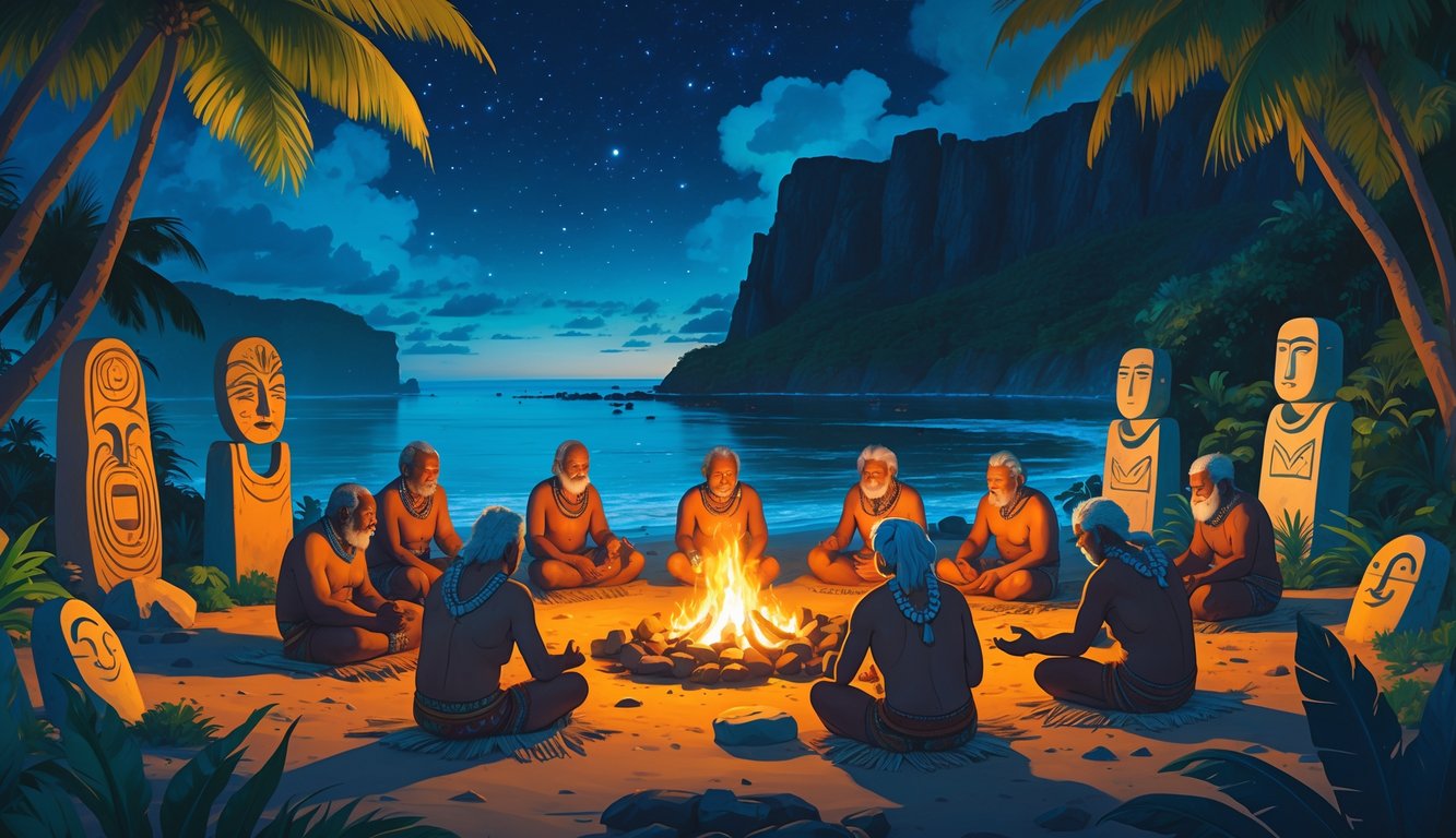 Elders sitting around a fire at dusk on a tropical island, surrounded by traditional artifacts and symbols, with faint ghostly figures of mythical creatures appearing in the background near the coastline.