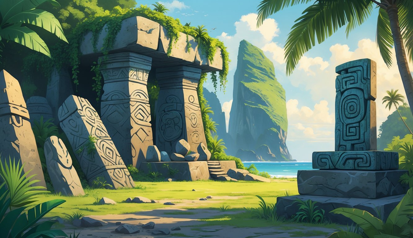 A scene showing ancient stone structures and carved artifacts surrounded by tropical plants on the island of Nauru.