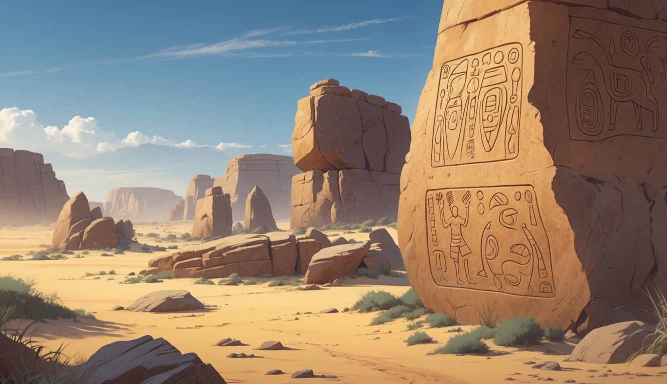 A desert landscape in Namibia with ancient rock engravings on stone surfaces surrounded by sand and rocky formations.