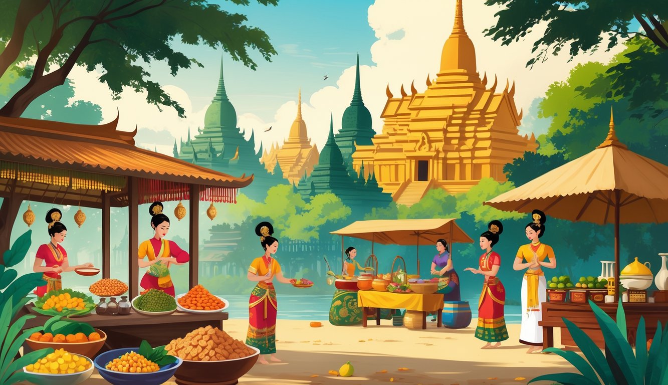 A lively Burmese market with traditional food stalls, dancers in colorful costumes, ancient temples in the background, and artisans crafting cultural items.