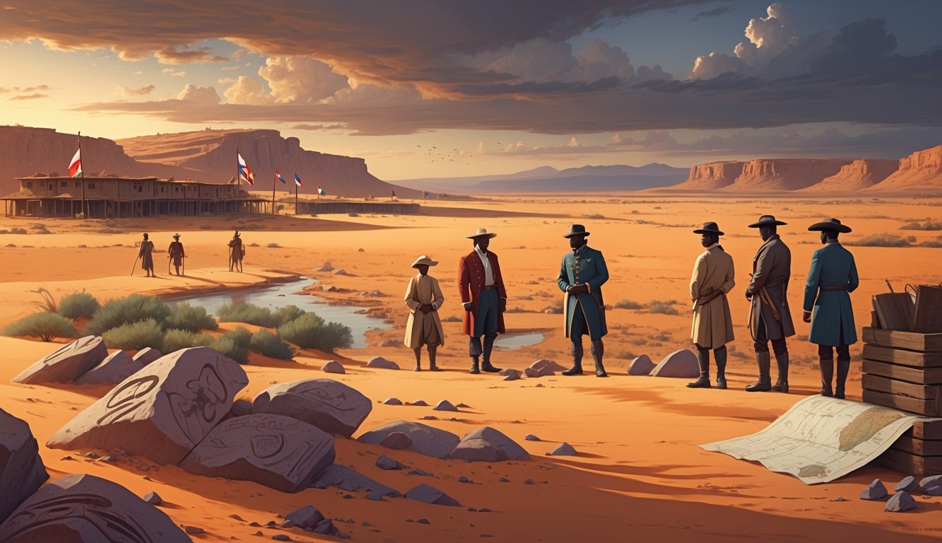 A desert scene in Namibia showing colonial explorers studying ancient rock carvings while local people watch, with a colonial settlement and sand dunes in the background.