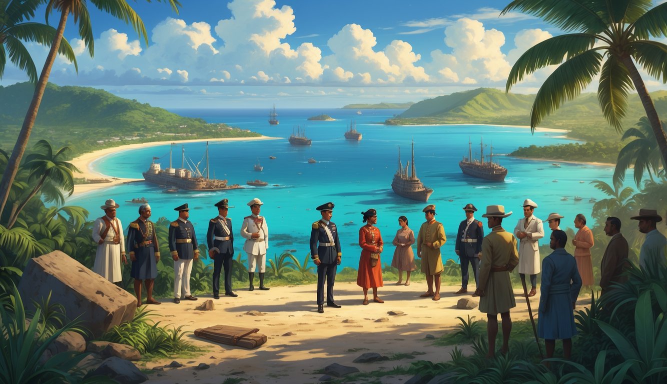 A coastal scene of Nauru during colonial times showing local people, colonial officials, old buildings, ships, and hints of ancient artifacts hidden in the landscape.