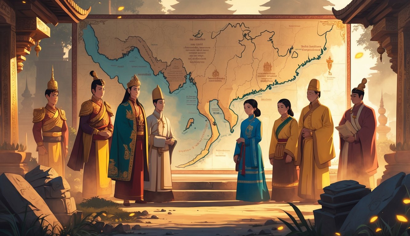 A group of historical figures from Myanmar gathered around an ancient map, surrounded by mystical symbols and artifacts, suggesting the exploration of the country's historical mysteries.