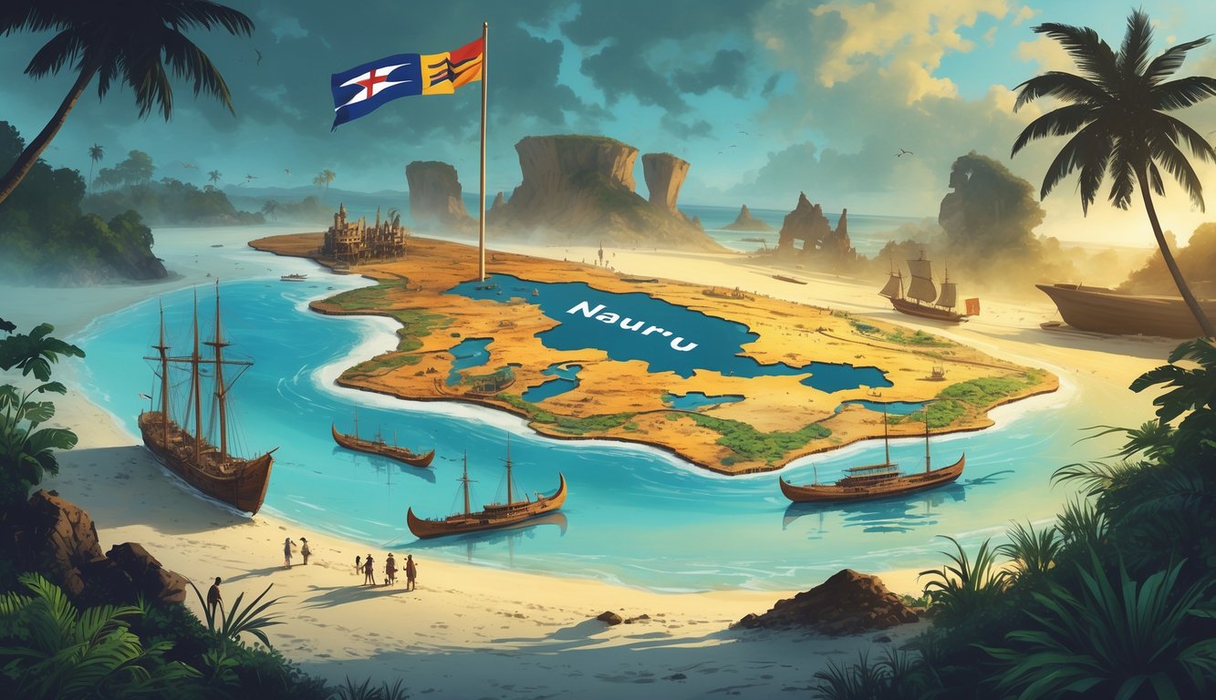 A symbolic illustration showing Nauru's map surrounded by traditional cultural symbols, colonial ships, and the national flag, with natural island features and ghostly historical figures in the background.