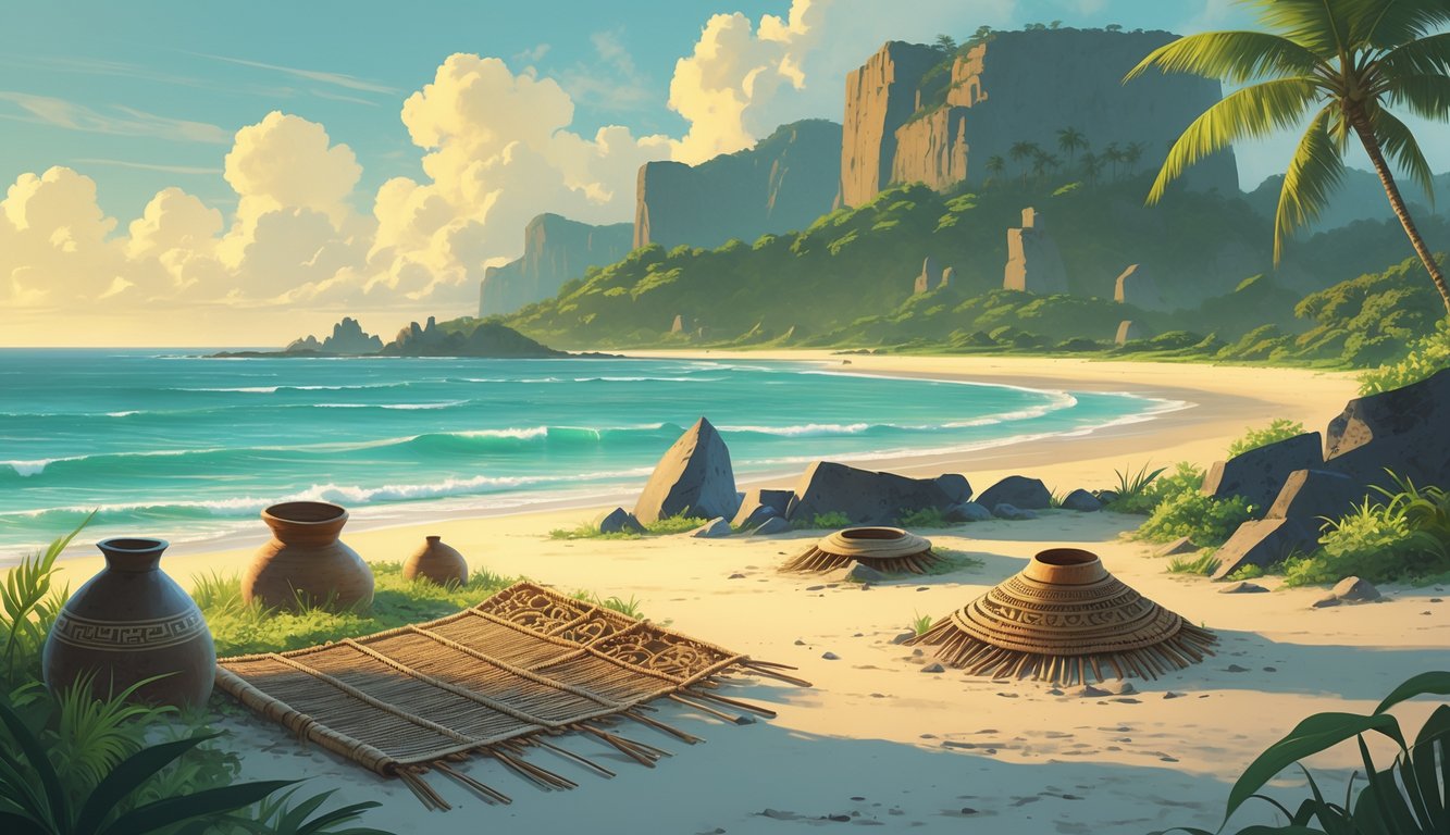 Coastal scene of Nauru with traditional artifacts partially buried in sand and faint silhouettes of ancestral figures blending into the landscape.