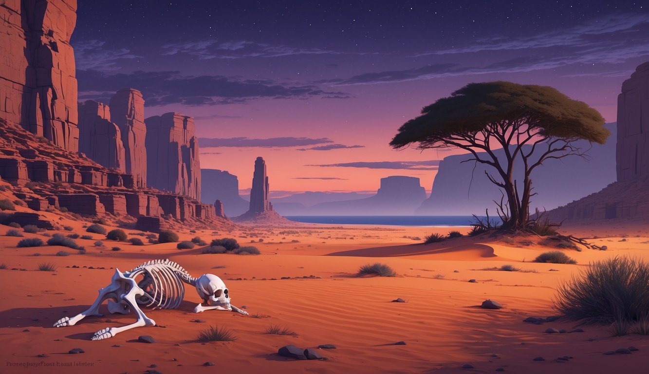 A twilight desert scene in Namibia showing red sand dunes, ancient rock formations with petroglyphs, a partially buried animal skeleton, and a distant misty shipwreck near the ocean.