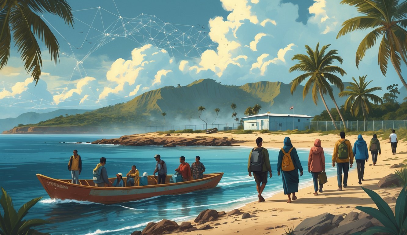 A group of people arriving by boat on a remote island shore with a detention center and tropical landscape in the background.