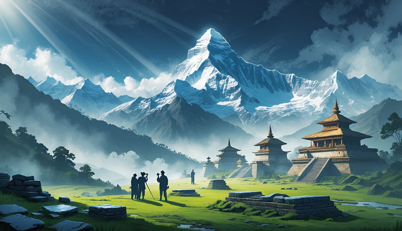 A landscape showing the Himalayas with ancient ruins, explorers examining artifacts, and traditional Nepalese temples surrounded by mist and mountains.
