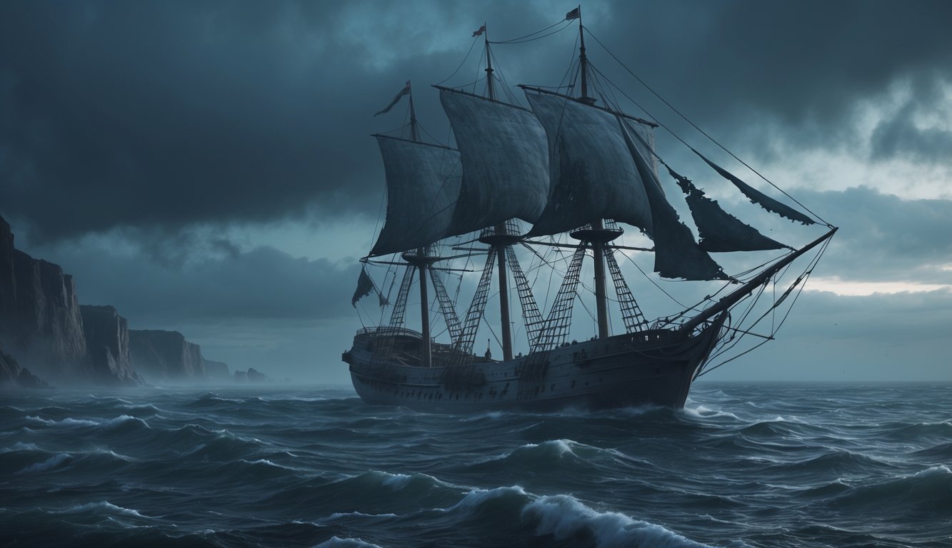 An abandoned 19th-century sailing ship drifting alone on a foggy, turbulent sea near rocky shores at dusk.
