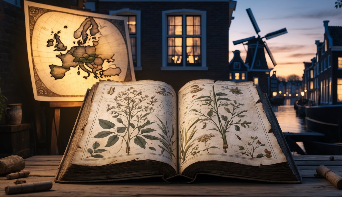An ancient mysterious manuscript open on a wooden table with Dutch landmarks like canal houses and windmills visible in the background under a twilight sky.