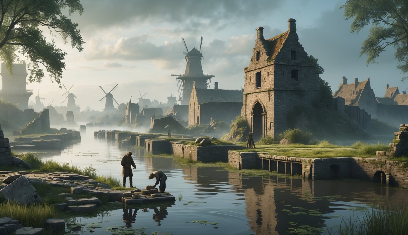 An ancient, partially submerged city with ruins and overgrown vegetation by a canal, with archaeologists examining artifacts and old buildings in the background.