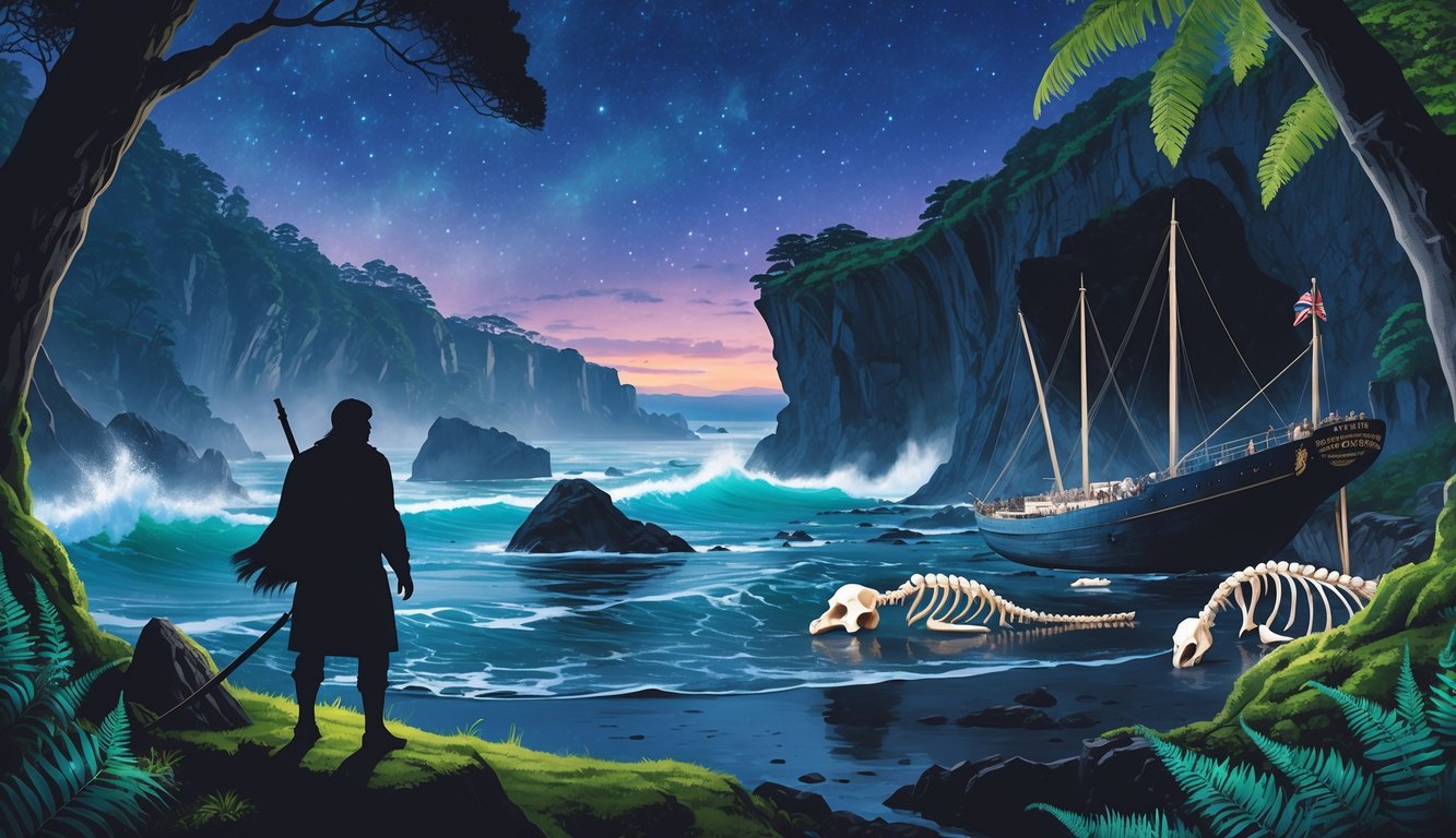 A misty ancient forest with large native trees, a shadowy explorer navigating by stars, a partially submerged old shipwreck on a rocky coast, and scattered bird skeletons near a cave under a twilight sky.