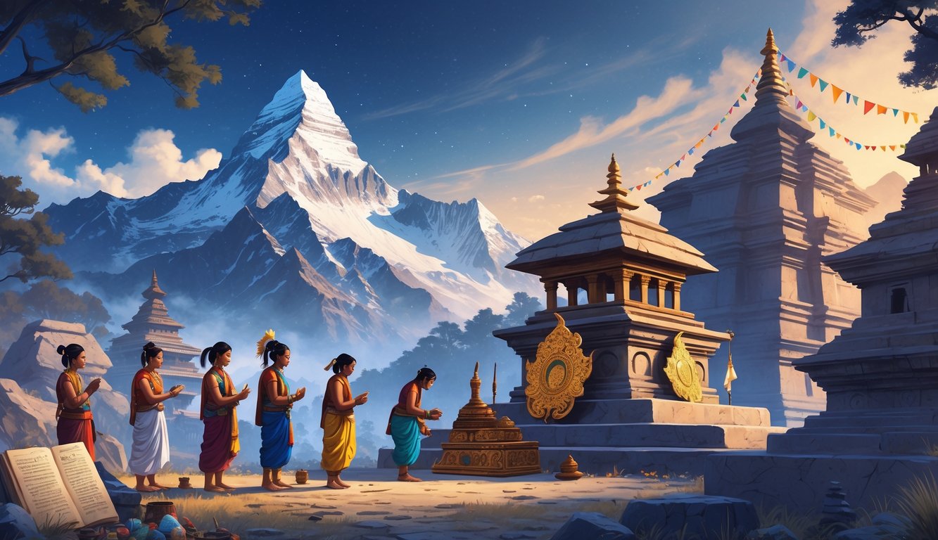 A group of Nepalese people performing an ancient ritual near temples and stupas in the Himalayas, surrounded by prayer flags and traditional cultural elements.