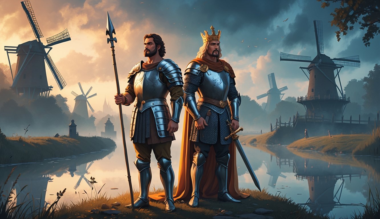 Alexander the Great and King Arthur standing together in armor on a misty Dutch landscape with windmills, castles, and a canal under a twilight sky.