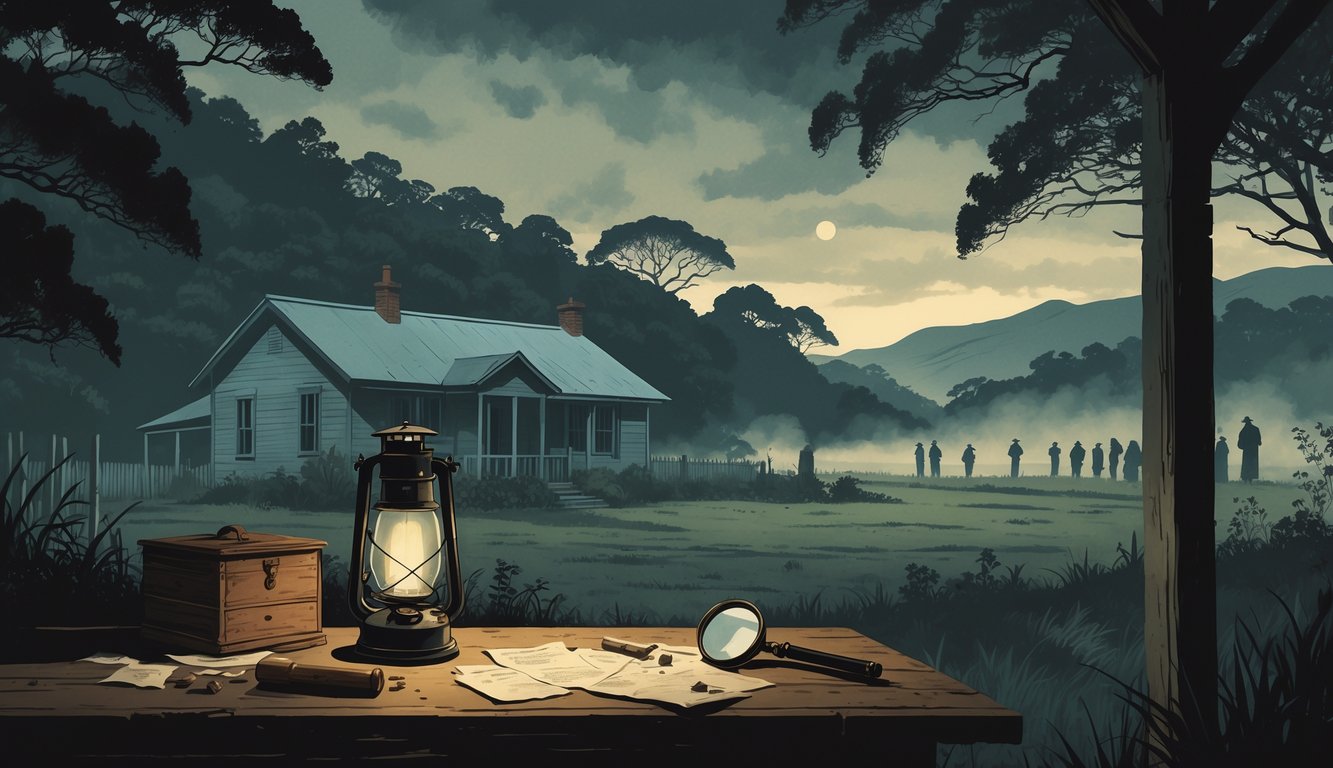 A rural New Zealand farmhouse surrounded by native bush and hills under a cloudy sky, with subtle crime investigation items like a lantern and magnifying glass on a wooden table.