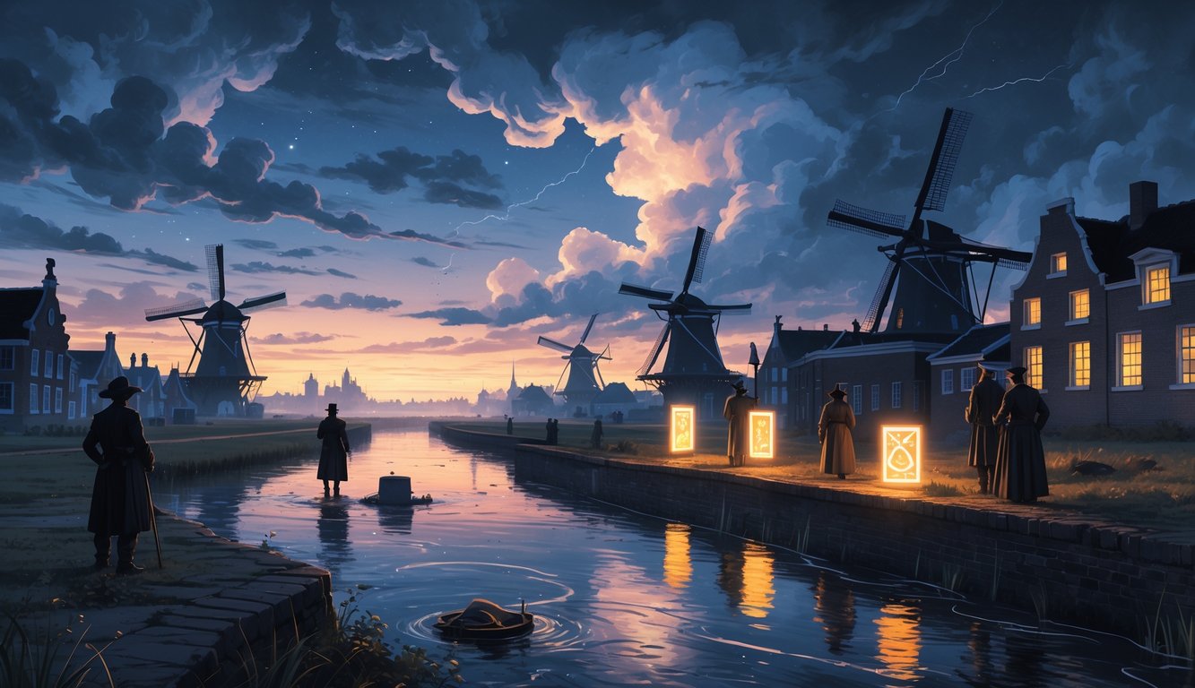 A twilight scene over a Dutch landscape with windmills and canals, showing people investigating mysterious glowing symbols and unusual weather, creating an atmosphere of intrigue.