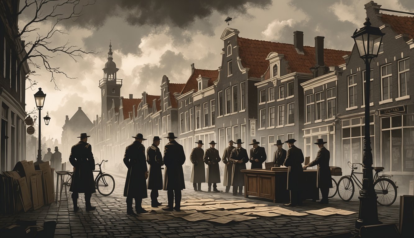 A group of people in 1940s clothing gathered around a table with maps and documents in a historic Dutch town square with old buildings and a cloudy sky.