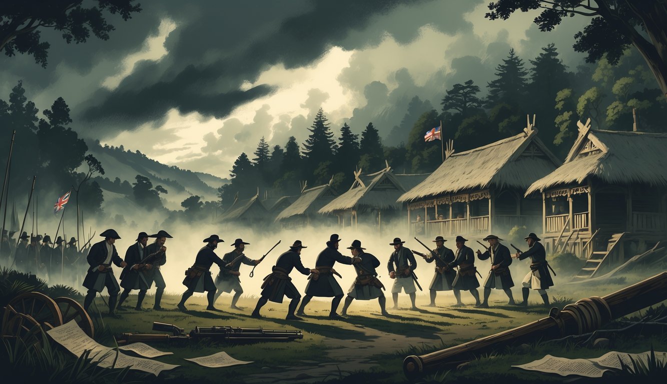 A tense scene showing colonial settlers and Māori people confronting each other near a forest and village in New Zealand during the colonial period.