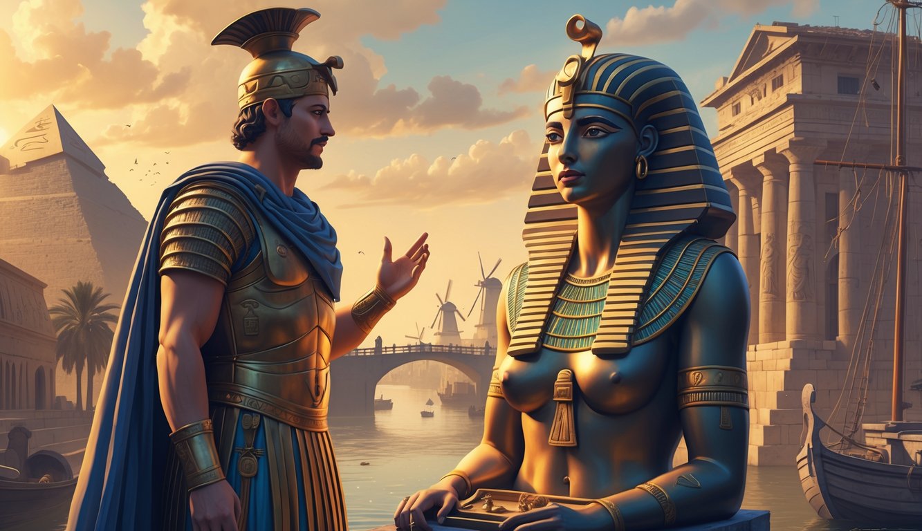 Mark Antony standing next to a statue of the Egyptian goddess Isis with a background combining ancient Egyptian landmarks and Dutch historical buildings.