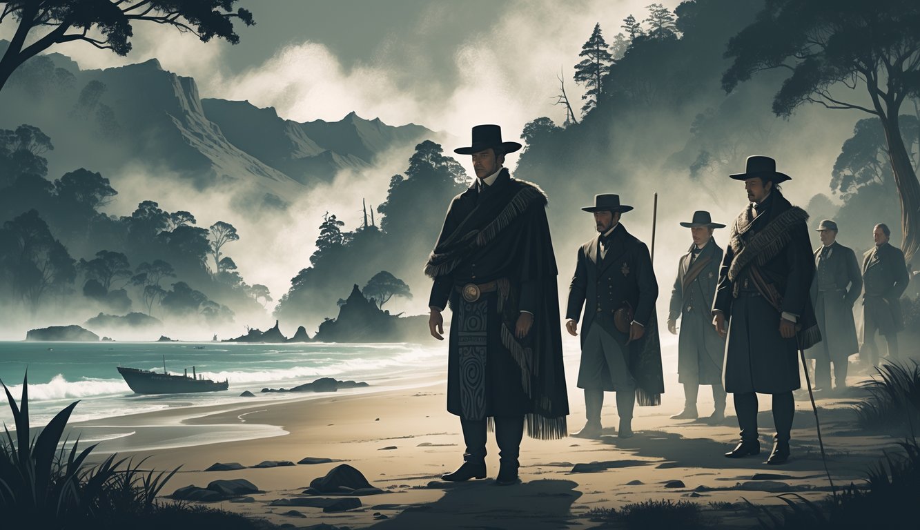 Shadowy figures dressed in 19th century New Zealand clothing stand in a misty forest near the coast, surrounded by historical and natural elements.