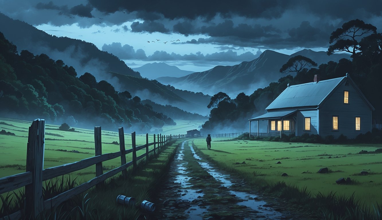 A rural New Zealand scene at dusk with hills, an old farmhouse, a broken lantern on the ground, footprints in the mud, and a shadowy figure partially hidden by mist.