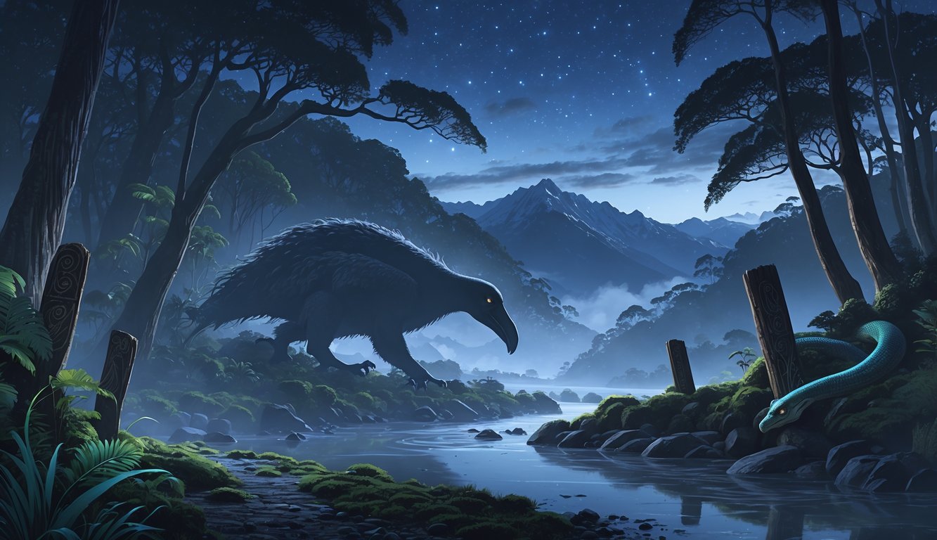 A misty New Zealand forest with a large mysterious bird and a serpent-like creature near a river, surrounded by mountains and ancient Maori carvings.