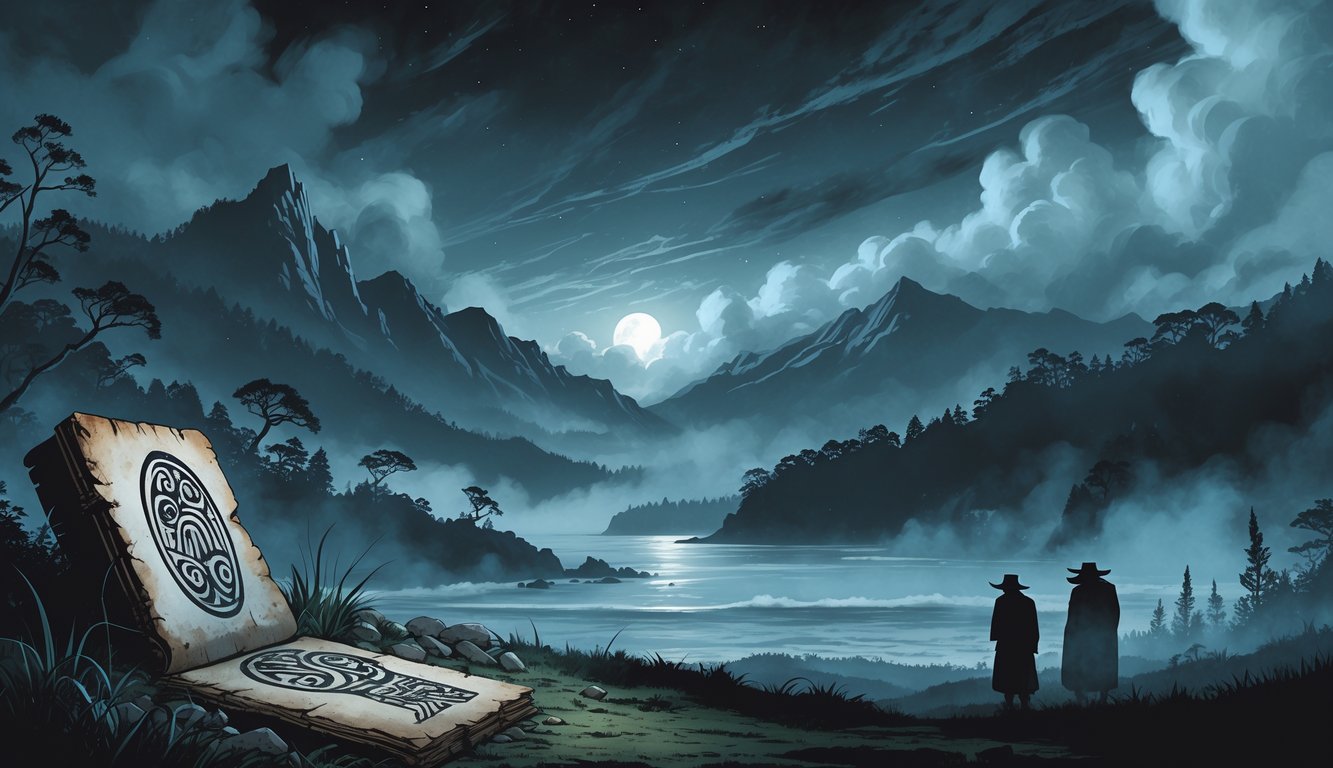 A misty New Zealand landscape with mountains, forests, and coastline, featuring ancient artifacts and ghostly figures suggesting historical mysteries.