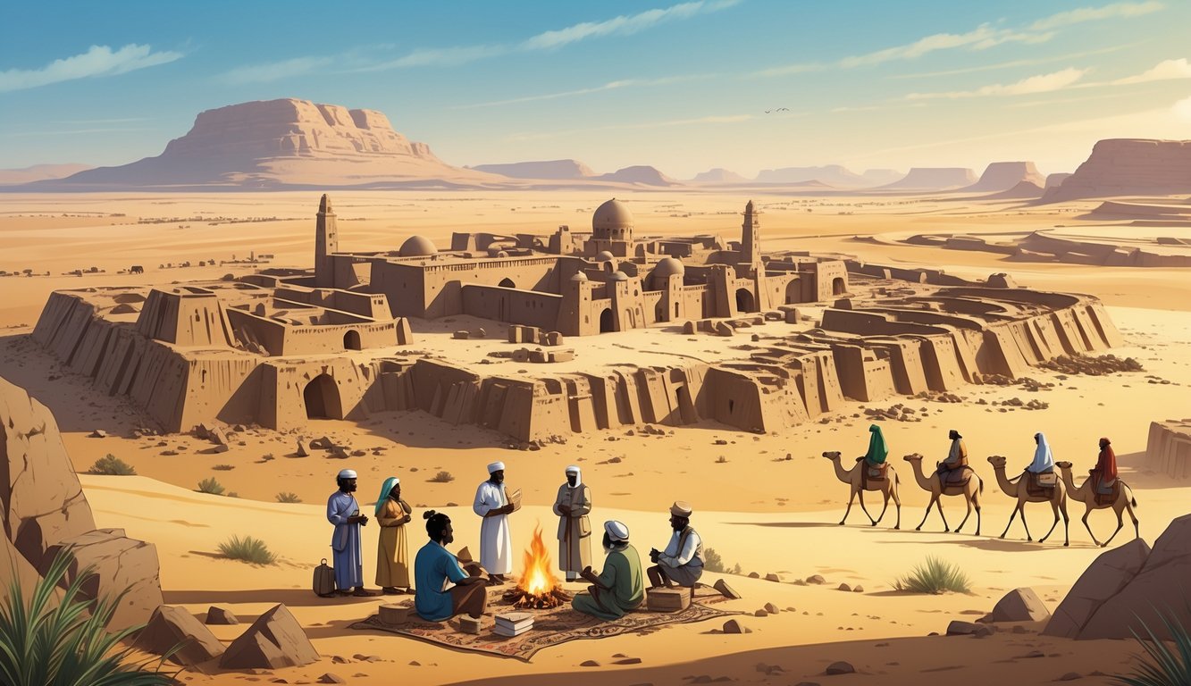 A desert scene in Niger with ancient ruins, the city of Agadez, archaeologists studying artifacts, and camels crossing sand dunes.