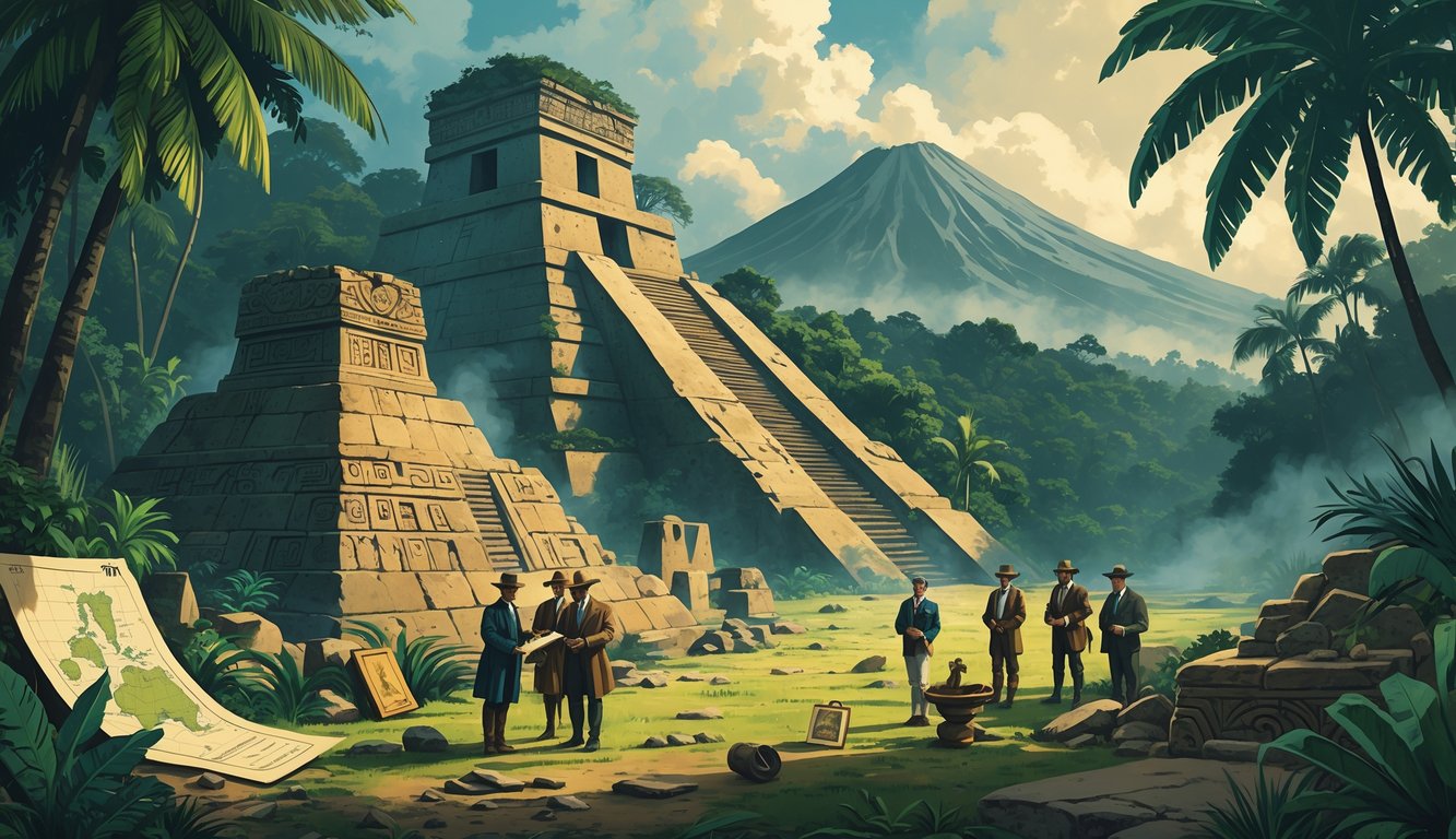 An ancient stone pyramid surrounded by jungle with explorers examining artifacts and maps near a misty volcano in the background.