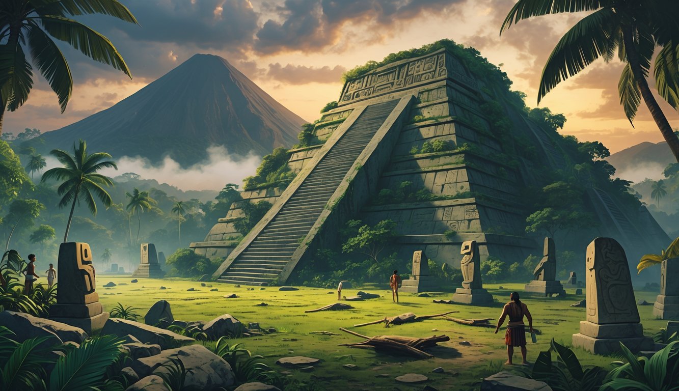 An ancient pyramid surrounded by jungle and stone artifacts with volcanic mountains in the background and indigenous people exploring the site.
