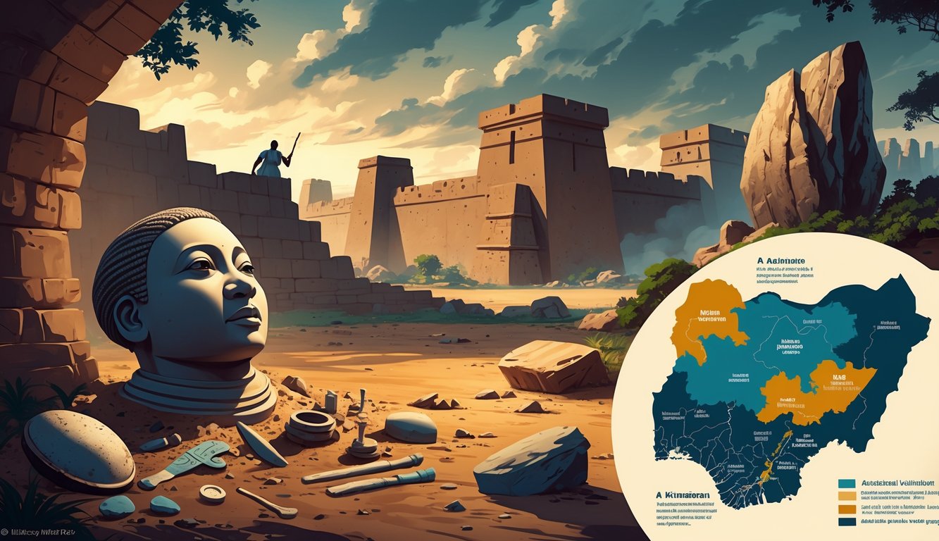 An illustration showing ancient Nigerian artifacts, the walls of Benin City, Zuma Rock, and a map highlighting historical mystery sites in Nigeria.
