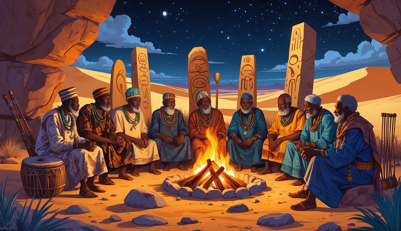A group of Nigerien elders sitting around a fire in a desert village, sharing stories with ancient rock art and stone monoliths in the background under a starry sky.