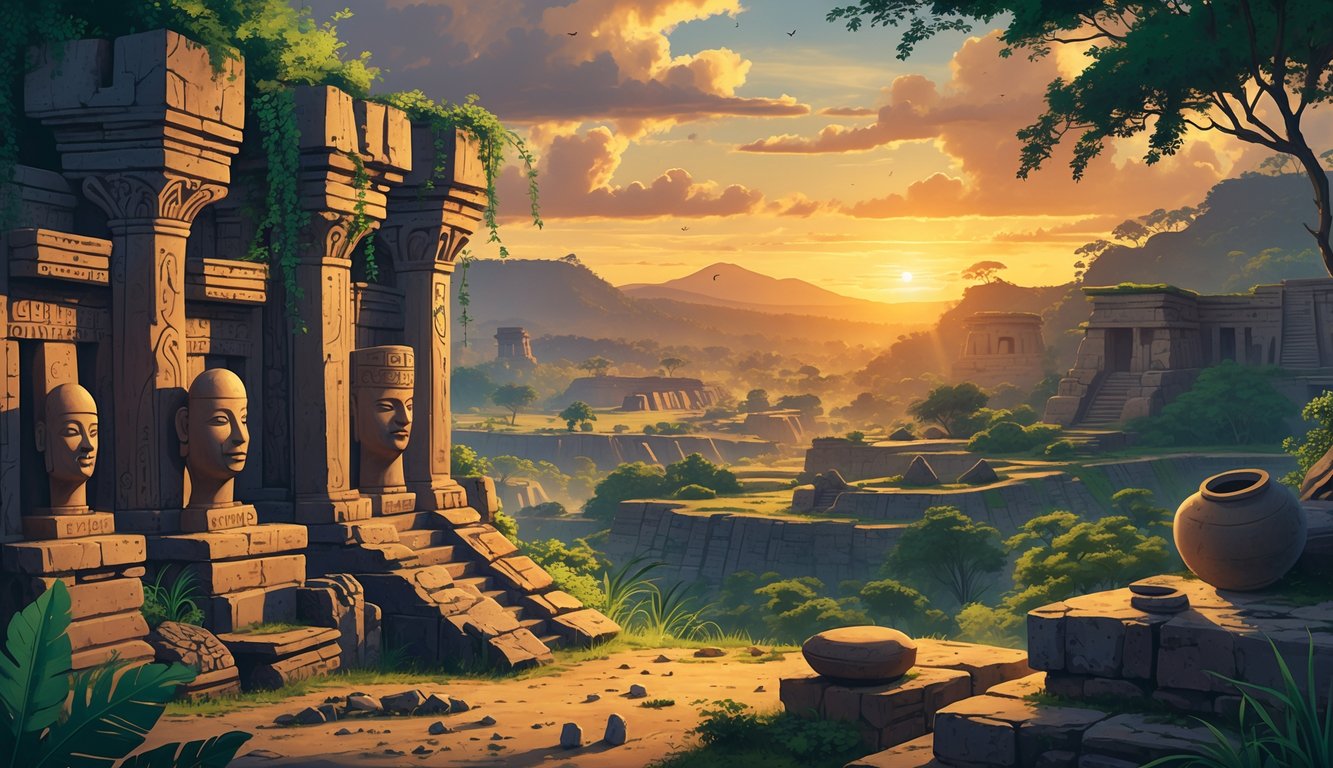 A panoramic scene showing ancient stone ruins, carved sculptures, and dense forest revealing remnants of old settlements in Nigeria under a warm sunset sky.