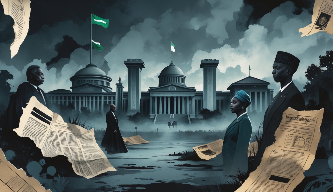A collage of Nigerian landmarks and shadowy political figures surrounded by torn documents and cryptic symbols under a foggy night sky.