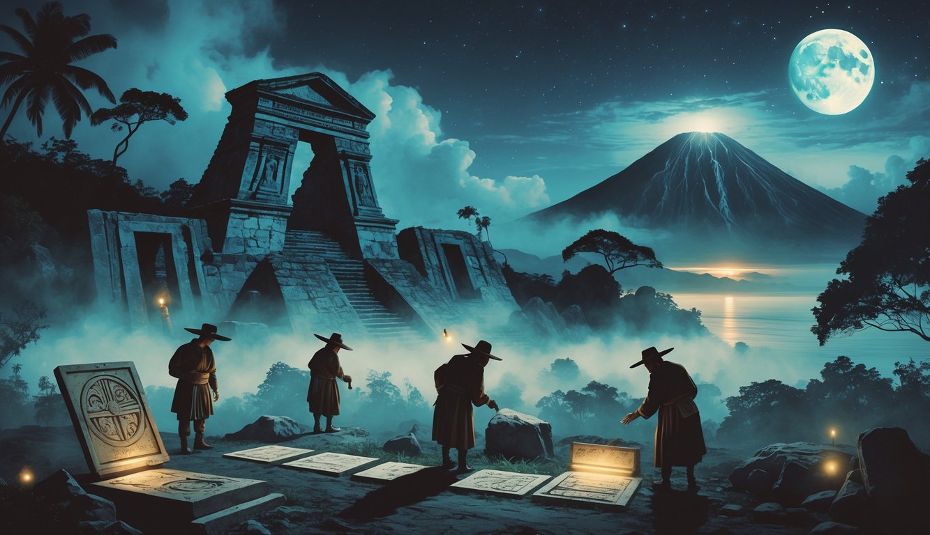 A mysterious scene showing ancient Nicaraguan ruins, volcanoes, misty forests, and people examining old artifacts under a glowing full moon.
