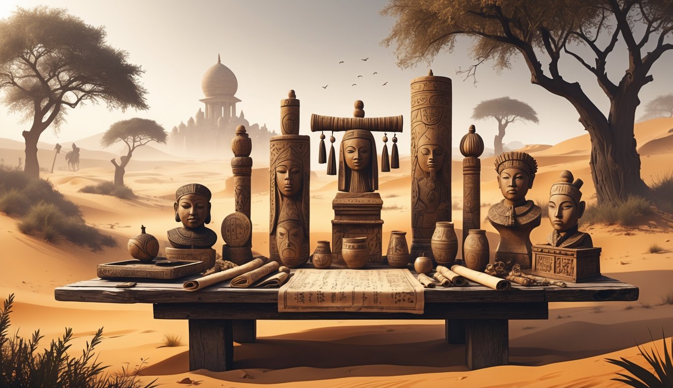 A collection of ancient religious artifacts on a table in a desert landscape with distant mosque and faint ghostly figures emerging from the sand.