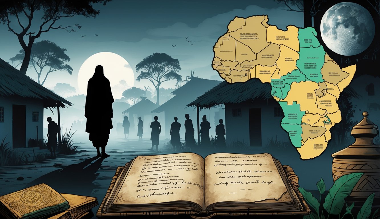 A scene showing a shadowy figure fading away near a Nigerian village with worried people, a map highlighting regions, and ghostly silhouettes symbolizing unresolved disappearances.