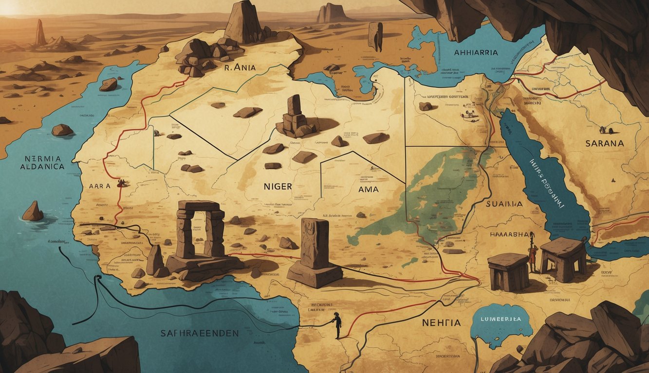 Map of Niger and neighboring countries with ancient ruins, artifacts, and desert landscapes symbolizing historical mysteries and cross-border connections.