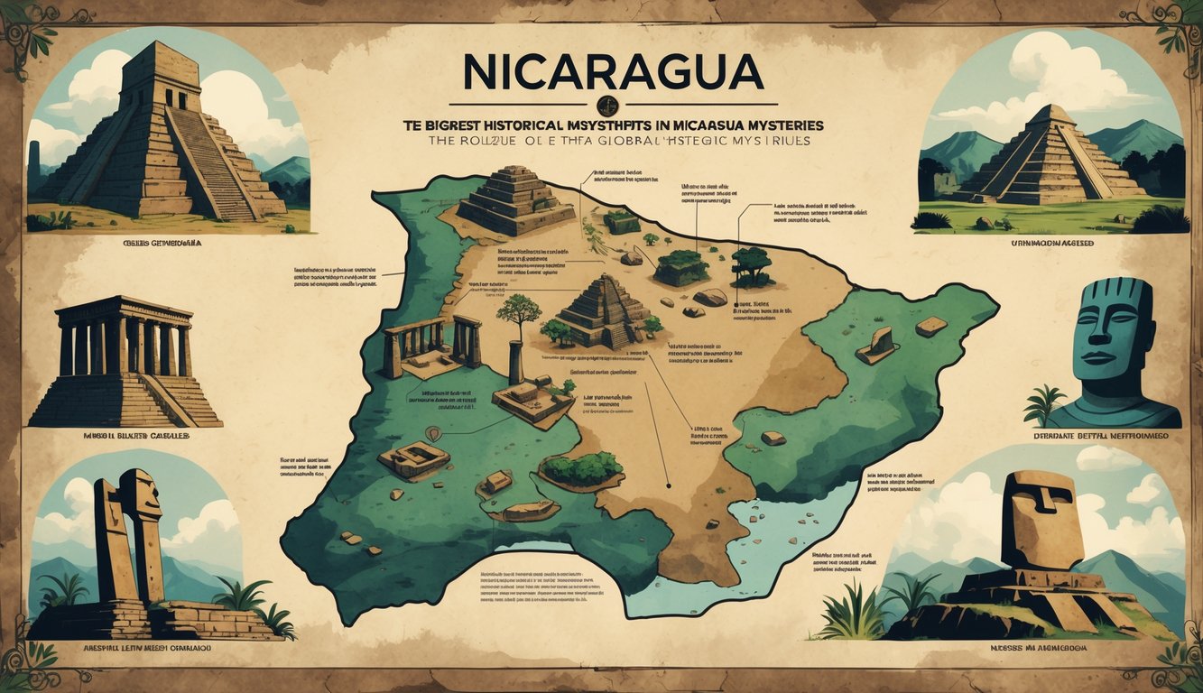 A detailed illustration showing a map of Nicaragua with highlighted ancient ruins and artifacts, surrounded by smaller images of famous historic mysteries from around the world like pyramids, stone circles, statues, and ancient geoglyphs.