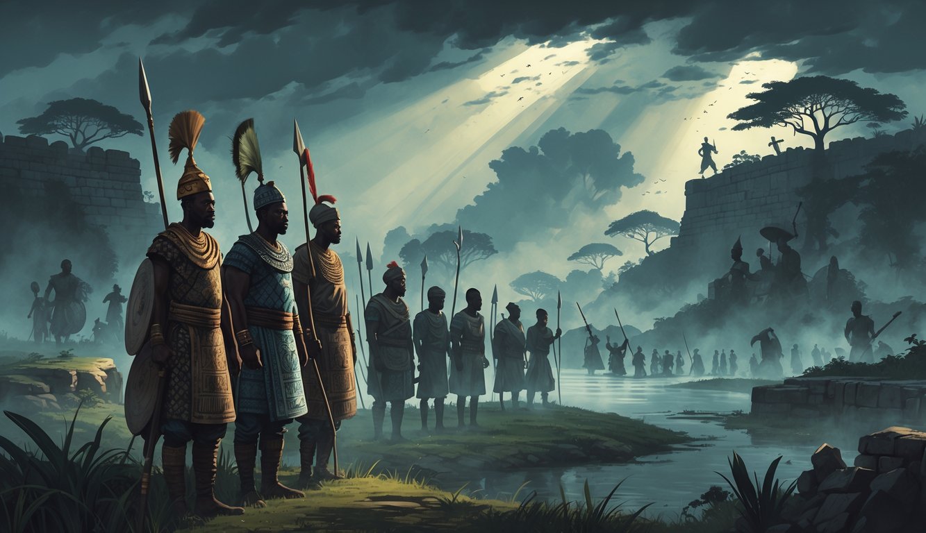 A group of traditional Nigerian warriors stand in a misty landscape with ancient ruins and forests, surrounded by faint ghostly battle scenes and mysterious artifacts.