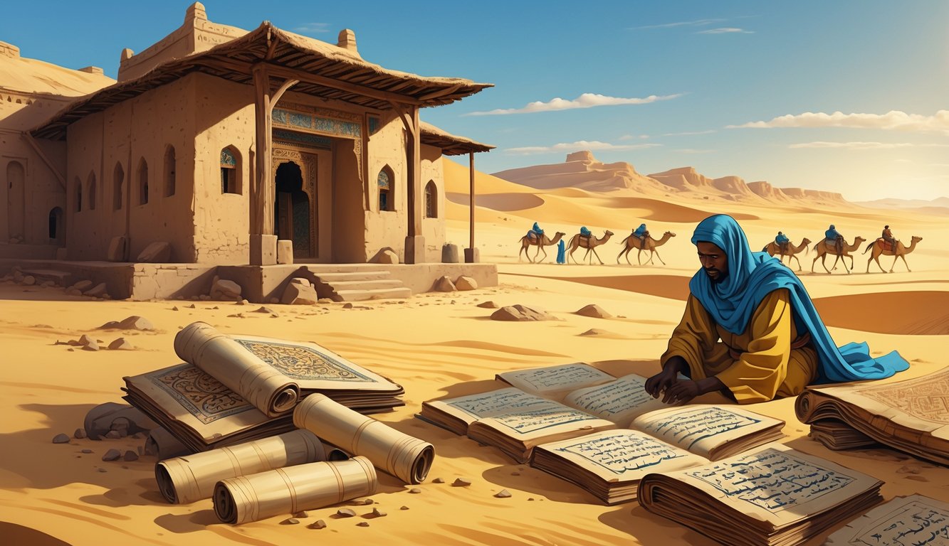 An ancient desert scene showing a traditional mud-brick building and a scholar examining old manuscripts surrounded by sand dunes and a camel caravan in the background.