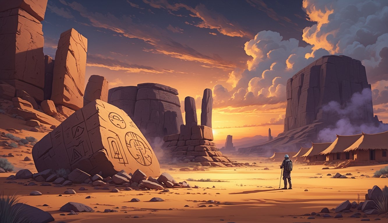 A desert landscape in Niger with ancient stone structures, an archaeologist examining petroglyphs, and a traditional village under a colorful sunset sky.