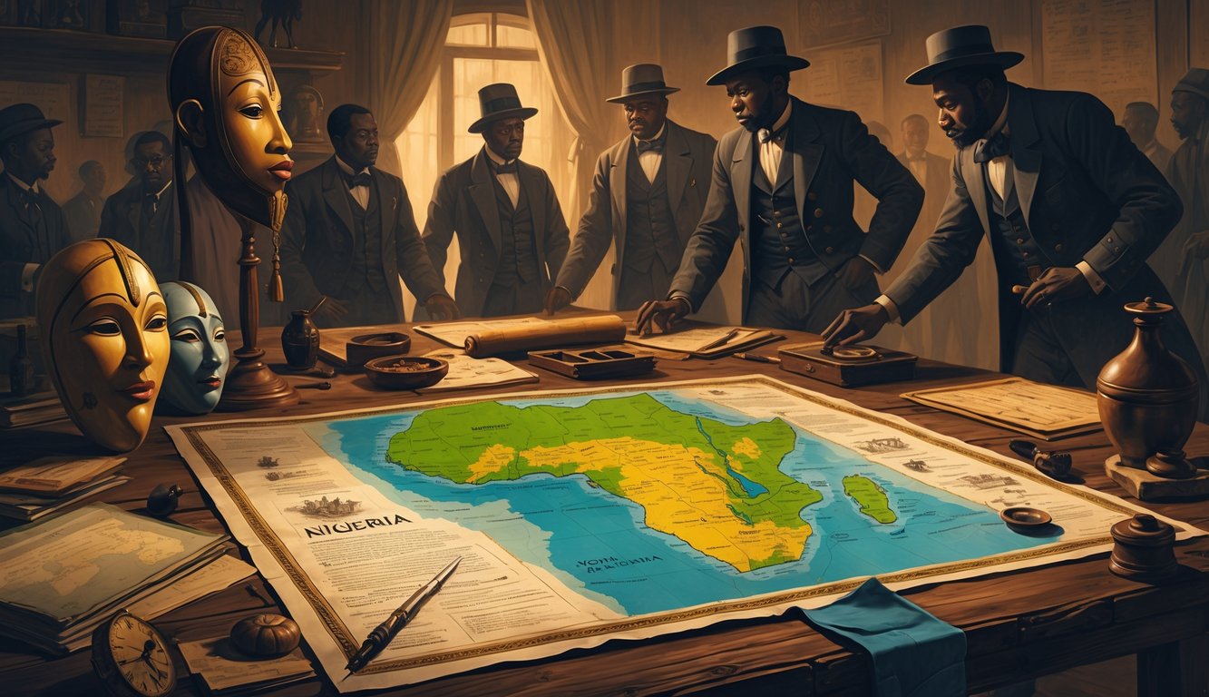 A table with a vintage map of Nigeria, surrounded by traditional masks and colonial documents, with figures of colonial officers and Nigerian elders in the background engaged in discussion.