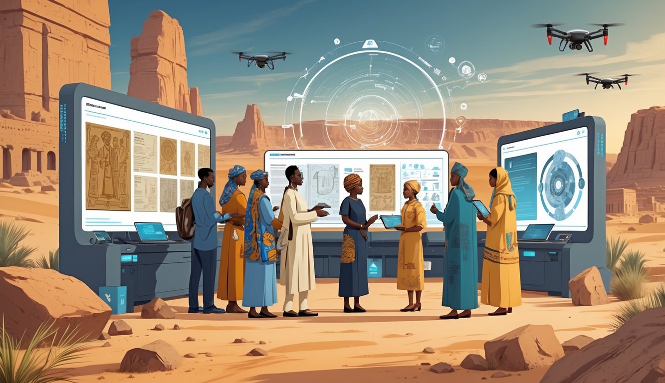 Researchers studying ancient artifacts and manuscripts in a modern facility with Niger's desert landscape and historical symbols in the background.