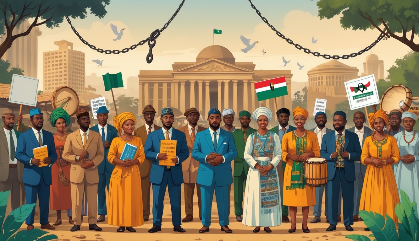 A group of Nigerian activists from different times gathered together with symbolic objects, set against a background of Nigerian landmarks and cultural elements, representing social movements and historical mysteries.