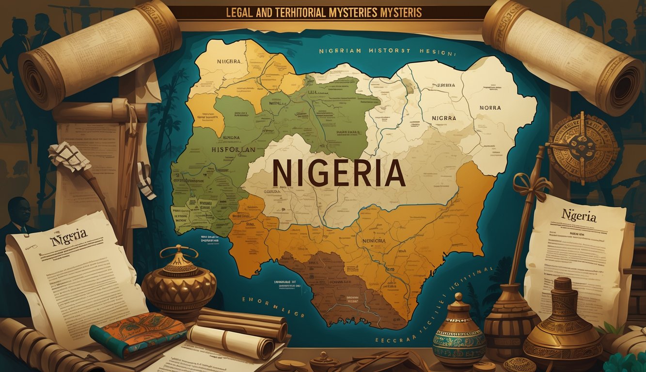 A detailed map of Nigeria with highlighted disputed regions surrounded by ancient scrolls, legal documents, and traditional Nigerian artifacts, with silhouettes of historical figures and landmarks in the background.