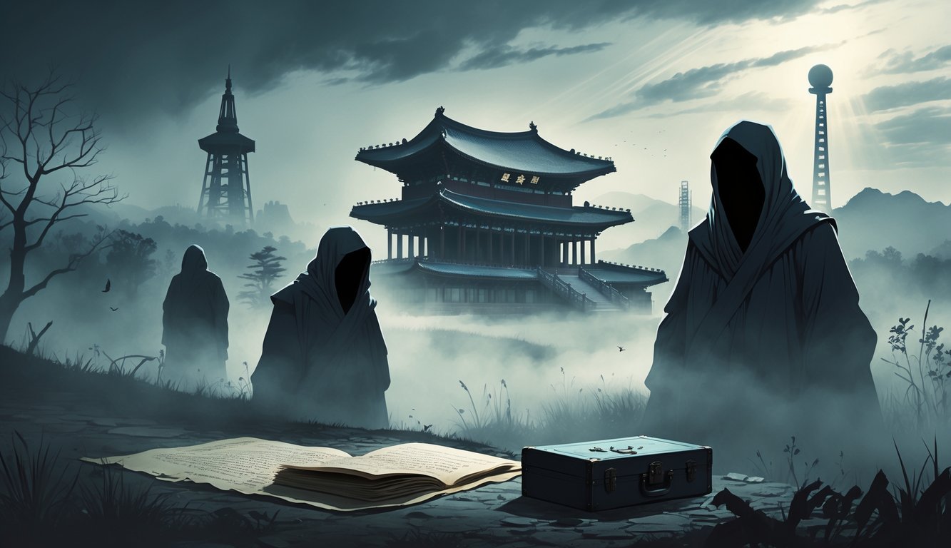 A shadowy landscape with North Korean landmarks in the background and mysterious, cloaked figures in the foreground surrounded by symbolic objects suggesting secrets and unsolved historical mysteries.