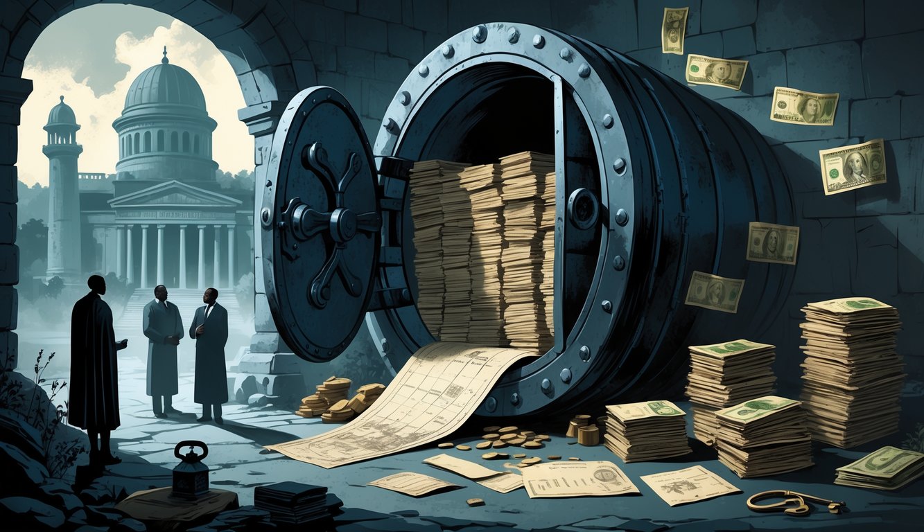 An illustration showing a partially open ancient vault with old documents inside, surrounded by Nigerian currency, shadowy figures, and historical landmarks, conveying a sense of financial and institutional secrets in Nigeria.