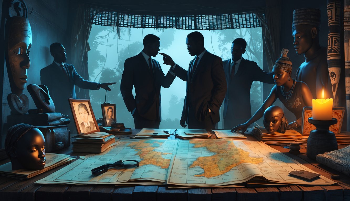 A dimly lit room with a table covered in old documents, maps of Nigeria, photographs, and artifacts, with figures examining clues and discussing around the table.