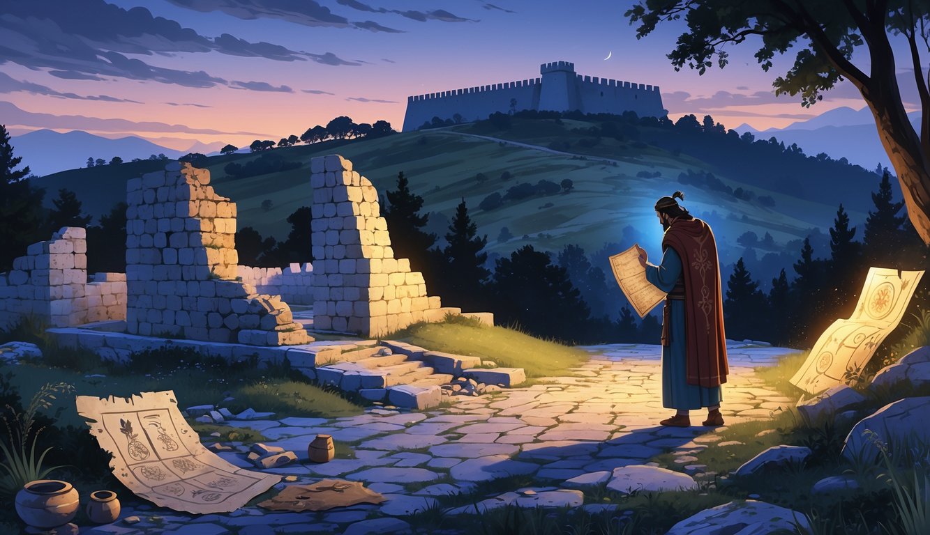 An ancient archaeological site with ruins, a person holding an old map, a fortress on a hill, and surrounding hills and forests under a twilight sky.